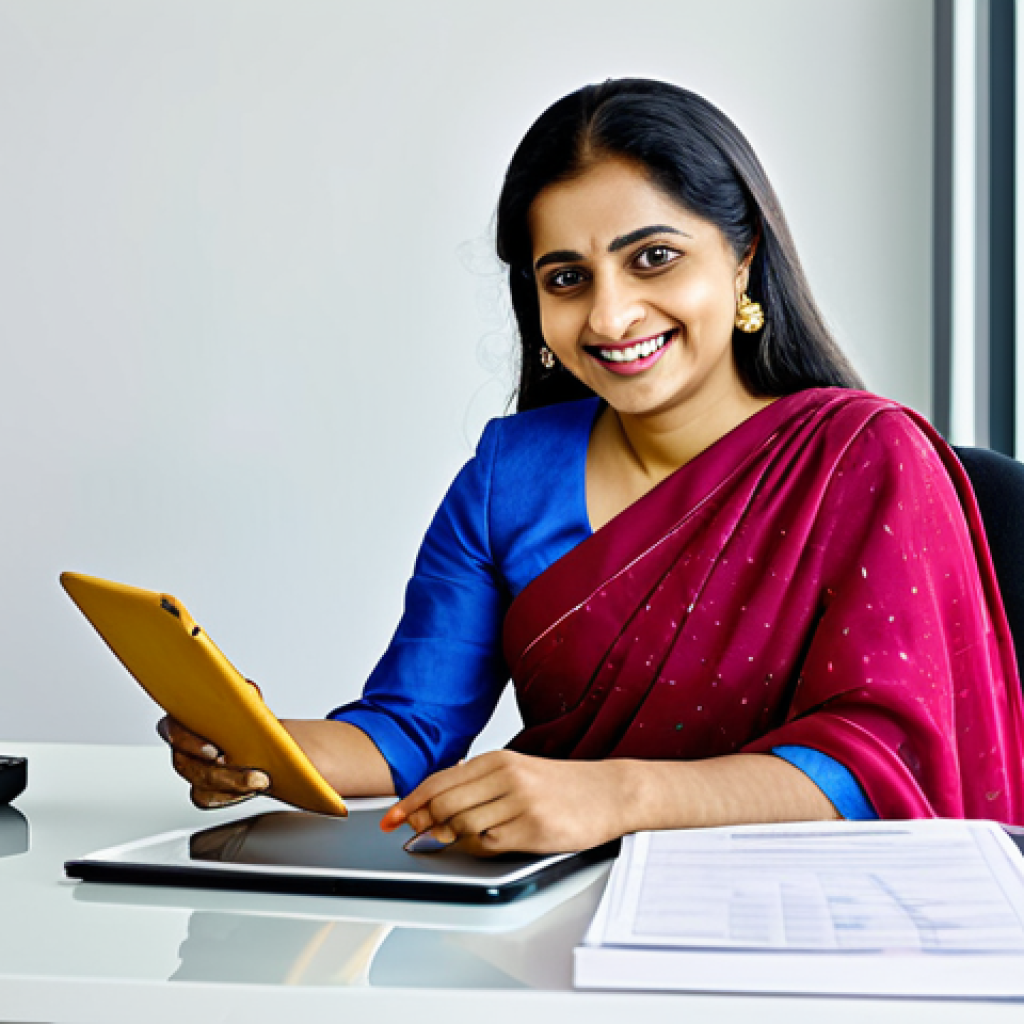 **

"A professional Indian businesswoman in a modest sari (fully covered, appropriate attire), seated at a desk in a brightly lit, modern Delhi office. She is smiling confidently, holding a tablet displaying financial data. Safe for work, perfect anatomy, natural proportions, professional photograph, high quality, family-friendly."

**