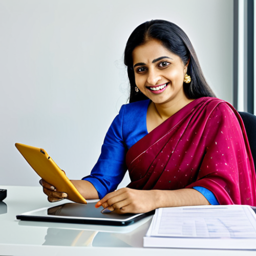 Home 11 **
"A professional Indian businesswoman in a modest sari (fully covered, appropriate attire), seated at a desk in a brightly lit, modern Delhi office. She is smiling confidently, holding a tablet displaying financial data. Safe for work, perfect anatomy, natural proportions, professional photograph, high quality, family-friendly."
**