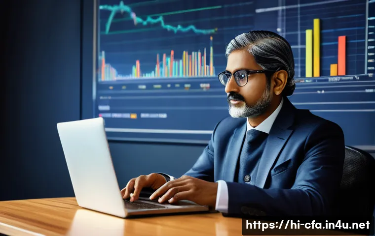 CFA와 지속 가능한 투자 전략 - A modern Indian investor in traditional attire sitting at a desk with a laptop and smartphone, analy...