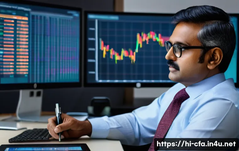 금융투자분석사와 글로벌 자산 배분 - A professional Indian financial advisor in a modern office setting analyzing global investment portf...