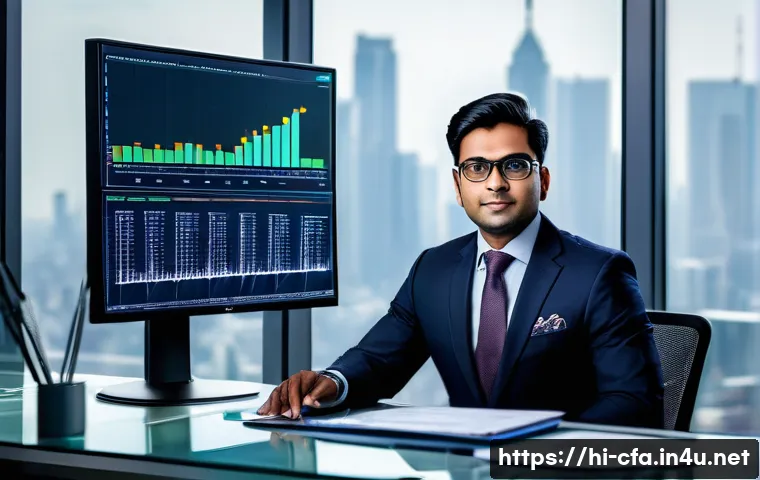 CFA 자격증과 해외 취업 - A professional Indian financial expert in formal business attire, sitting confidently at a modern of...