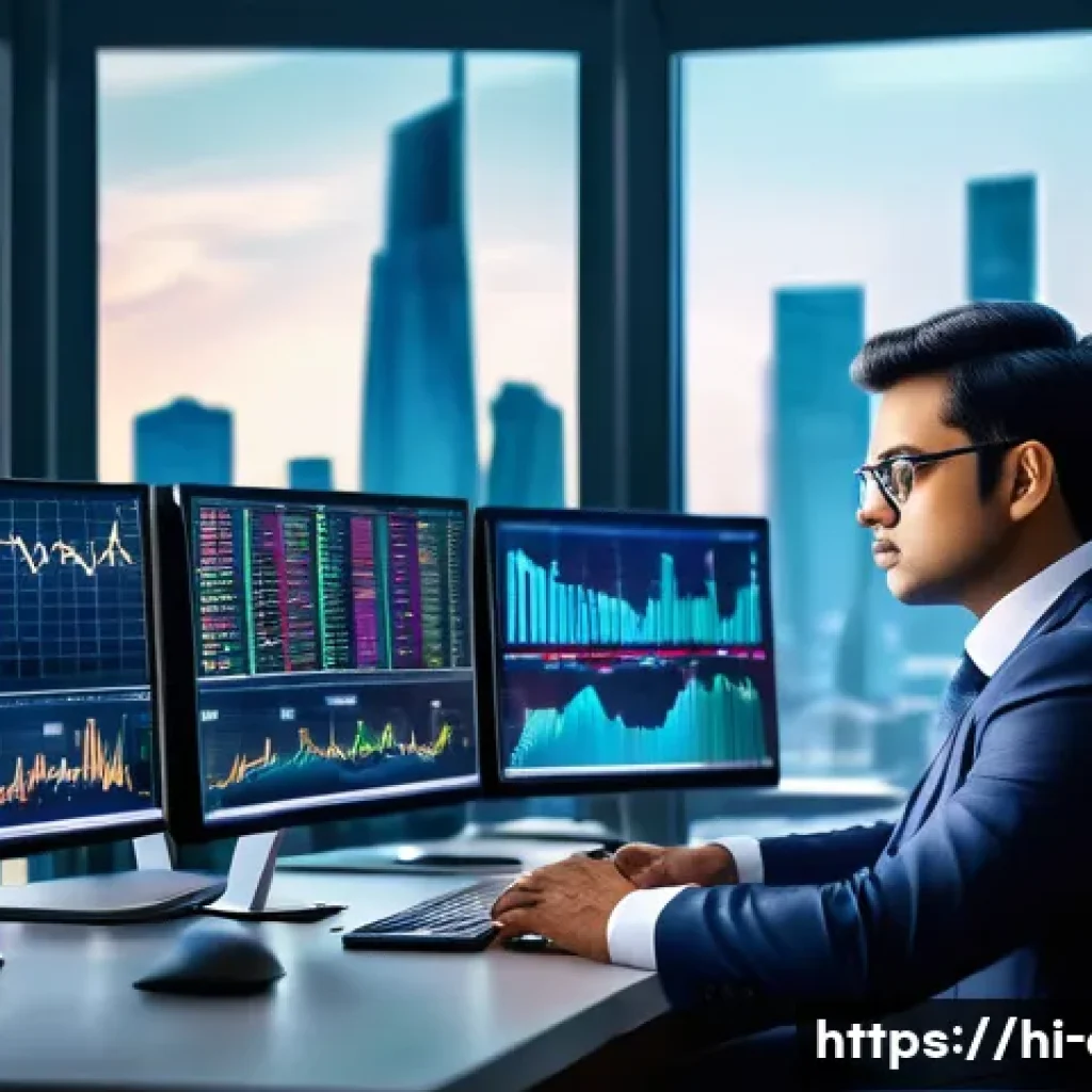 금융투자분석사와 사모펀드 이해 - A professional financial analyst at a modern office desk surrounded by multiple screens displaying s...
