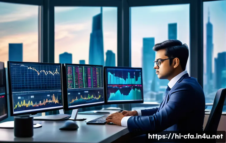 금융투자분석사와 사모펀드 이해 - A professional financial analyst at a modern office desk surrounded by multiple screens displaying s...