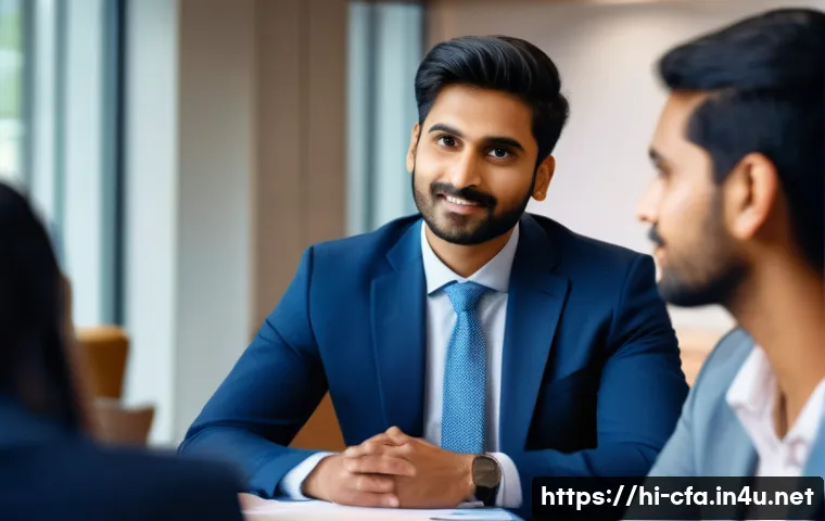금융투자분석사로서의 네트워킹 기술 - A professional Indian finance investment analyst in a modern office environment, dressed in formal b...