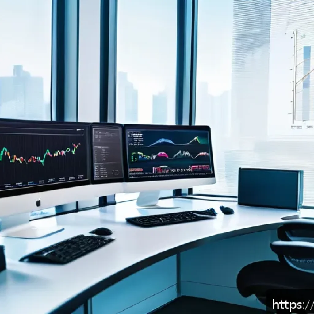 CFA와 데이터 시각화 - A professional office workspace showing a detailed financial analyst&rsquo;s desk with multiple computer s...