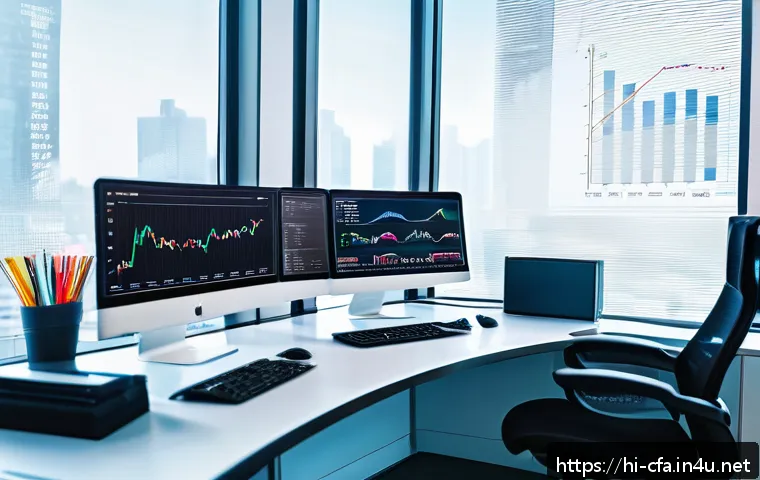 CFA와 데이터 시각화 - A professional office workspace showing a detailed financial analyst’s desk with multiple computer s...