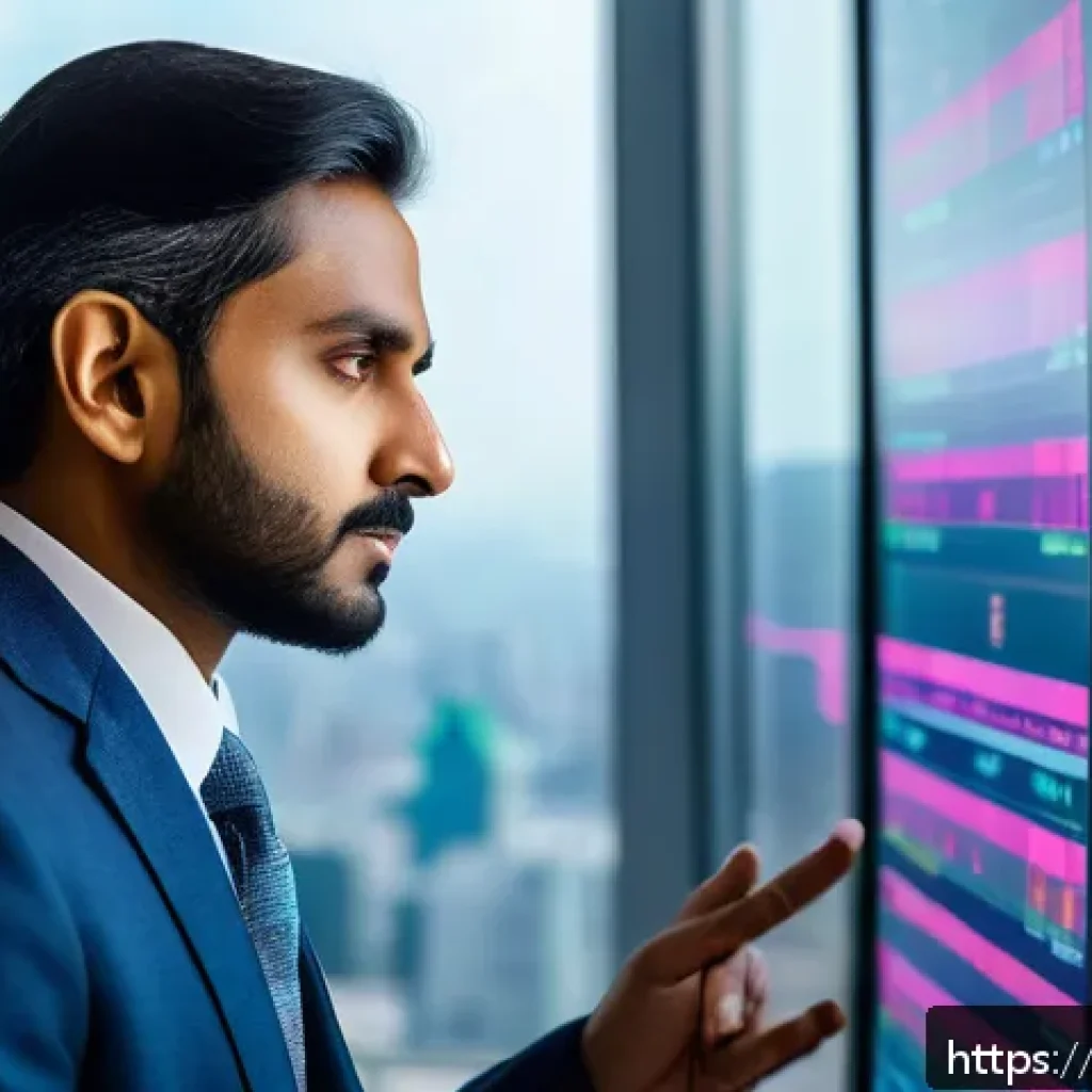 CFA와 지속 가능한 금융 발전 - A professional Indian man in formal business attire analyzing financial data on multiple transparent...