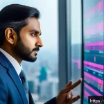 CFA와 지속 가능한 금융 발전 - A professional Indian man in formal business attire analyzing financial data on multiple transparent...