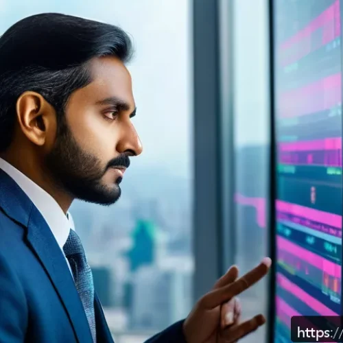 CFA와 지속 가능한 금융 발전 - A professional Indian man in formal business attire analyzing financial data on multiple transparent...