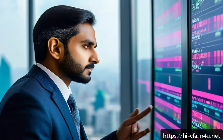 CFA와 지속 가능한 금융 발전 - A professional Indian man in formal business attire analyzing financial data on multiple transparent...