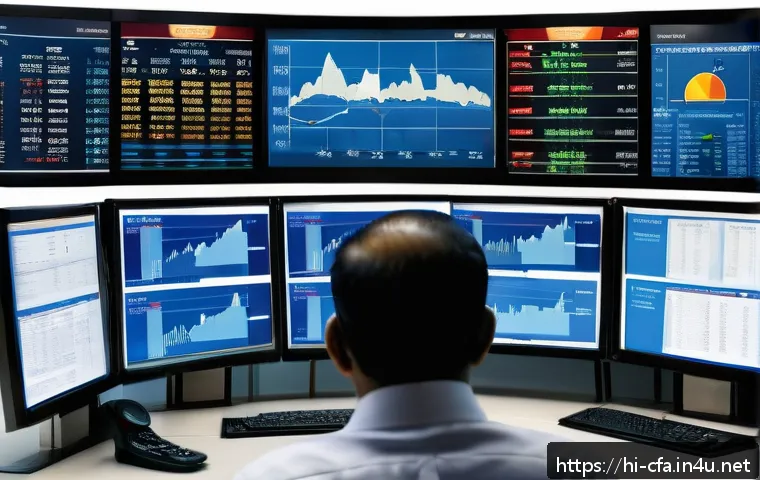 CFA와 리스크 관리 사례 - A detailed illustration of a modern banking risk management control room during the 2008 financial c...