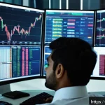금융투자분석사 자격 취득 가이드 - A professional Indian financial investment analyst working at a modern office desk with multiple com...