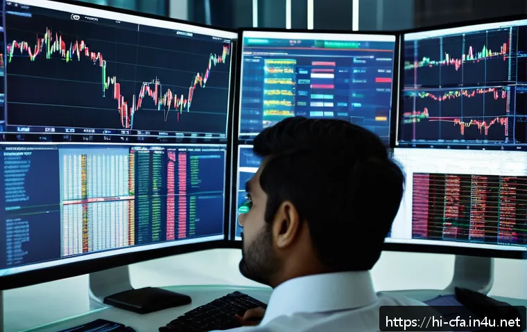 금융투자분석사 자격 취득 가이드 - A professional Indian financial investment analyst working at a modern office desk with multiple com...