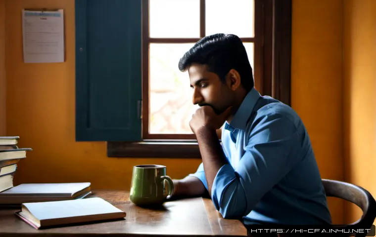 CFA 시험 후기와 교훈 - Photorealistic Indian finance professional in a quiet home study area after a demanding certificatio...