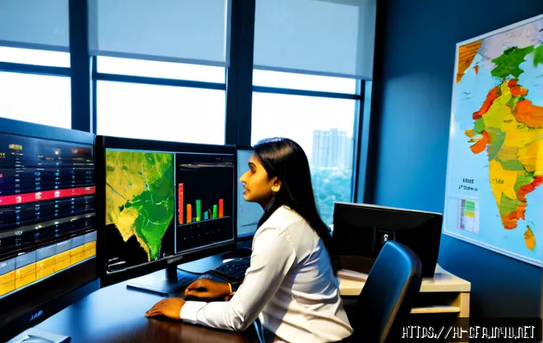 CFA와 국제 금융 정책 - Photorealistic financial analyst in a modern Mumbai office, reviewing blank charts and global market...