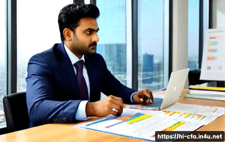 금융투자분석사와 퀀트 투자 분석 - Photorealistic Indian financial investment analyst in a modern Mumbai office, seated at a clean desk...